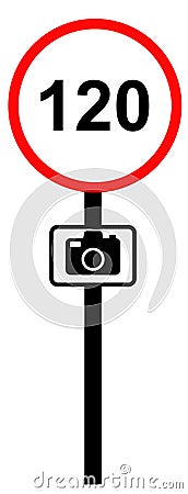 Road sign with restriction of speed 120 icon. Speed-limit cameras sign. Limit speed sign for car. Computer mouse cursor symbol. Stock Photo