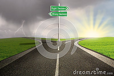 Road sign of right vs wrong decision Stock Photo