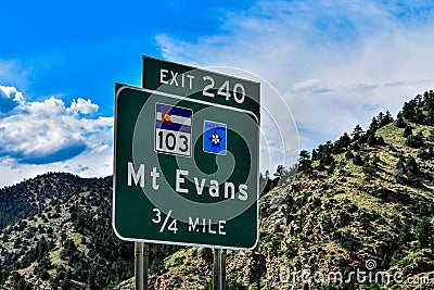Road Sign for Rout 102 Colorado Exit 240 Mt. Evens Editorial Stock Photo