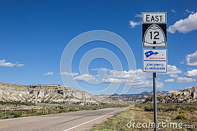 Road sign on scenic byway 12 in Utah Editorial Stock Photo