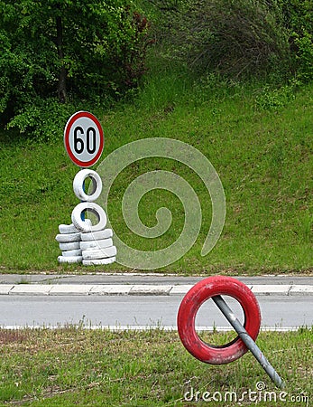 Road sign showing speed limitation Stock Photo