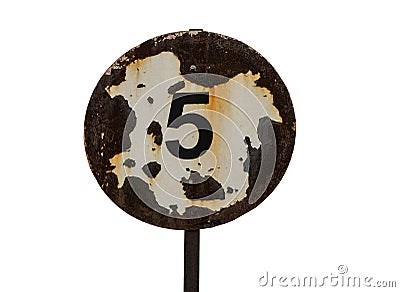 Road sign, speed limit 5, rusty Stock Photo