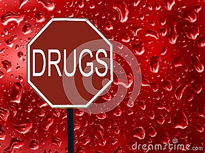 Road sign stop drugs and red blood drop on the glass. Stock Photo