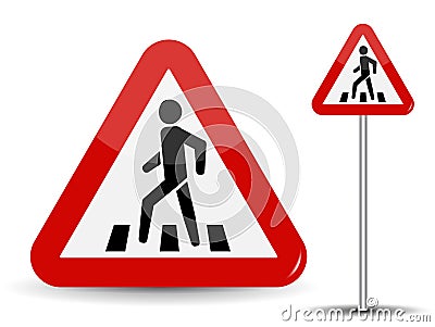 Road sign Warning. In Red Triangle man at pedestrian crossing. Vector Illustration. Vector Illustration