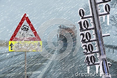 Road sign warns of ice and snow at winter Stock Photo