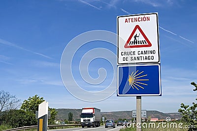 Road sign warns motorists of crossing pilgrims Editorial Stock Photo