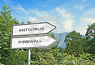 Road sign with words antivirus, firewal Stock Photo