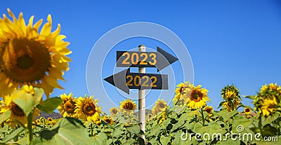 Road sign for year 2023 in sunflower garden Stock Photo