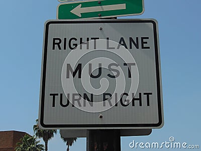 Road Signage Right Lane Must Turn Right Stock Photo