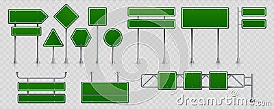 Road signs. Highway traffic signboard and blank street boards, green road pointers isolated on transparent background Vector Illustration