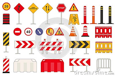 Road signs set graphic elements in flat design. Bundle of signpost and direction pointers, speed limit, detour, under construction Vector Illustration