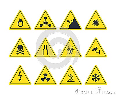 Road signs set. Yellow warning symbols danger of loose soil radioactive alarm lethal electrical voltage ice deposit Vector Illustration