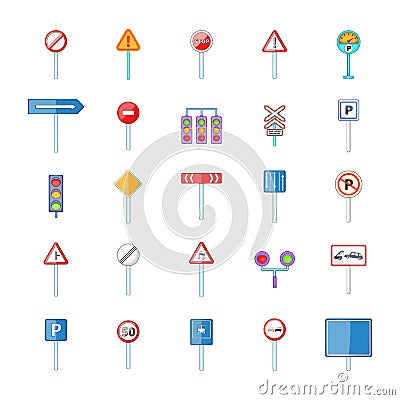 Road sings icon set, cartoon style Vector Illustration