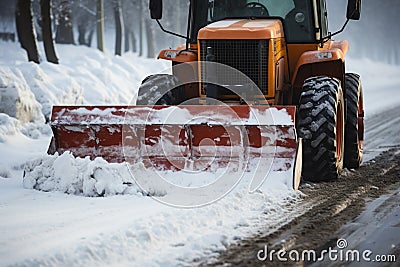 Road snow removal: Tractor and excavator combine efforts to clear streets effectively. Stock Photo