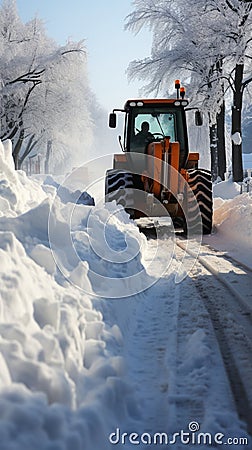 Road snow removal: Tractor and excavator combine efforts to clear streets effectively. Stock Photo