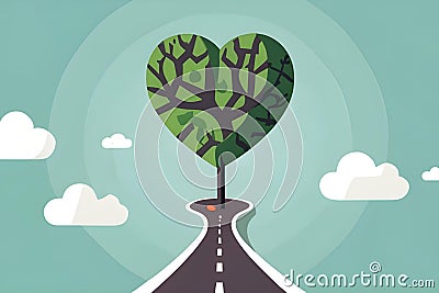 Road suspended in the sky towards the tree in the shape of heart Stock Photo