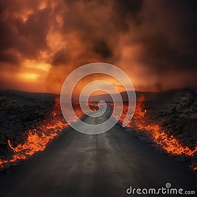 Road to hell, black road, fire around, cracks, crimson sky, ominous scary landscape, Stock Photo