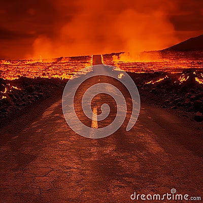 Road to hell, black road, fire around, cracks, crimson sky, ominous scary landscape, Stock Photo