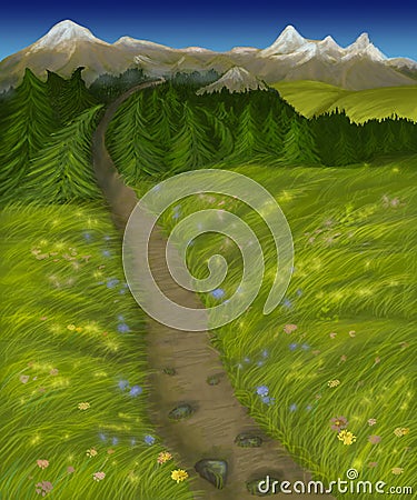 Road to the mountains through the field and the forest Stock Photo