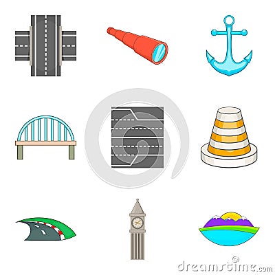 Road to port icons set, cartoon style Vector Illustration