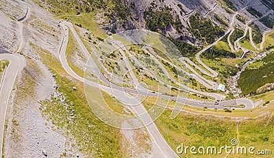 Road to the Stelvio mountain pass in Italy. Amazing aerial view of the mountain bends creating beautiful shapes Stock Photo