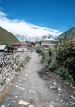 Road to the Ushguli village - Upper Svaneti, Georgia Stock Photo