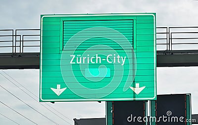 Green roadsigns of destination to Zurich Switzerland Stock Photo