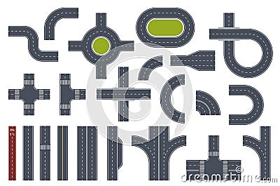 Road toolkit elements. Transport paths constructor. Various interchanges, intersections and turns segments, traffic Vector Illustration