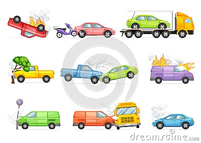 Road traffic accidents and car crashes set. Auto insurance cases vector illustration Vector Illustration