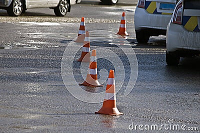 Road traffic cone on accident site Stock Photo