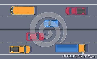 Road traffic. Free flow of machines on a multi-lane road. Different car on highway. Vector Illustration