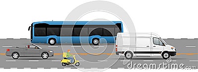 Road traffic on the highway. Set of different vehicles on the road. Bus, cargo minibus, convertible, motorcycle Vector Illustration