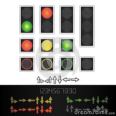 Road Traffic Light Vector. Realistic LED Panel. Sequence Lights Red, Yellow, Green. Time, Turn, Go, Wait, Stop Signals Vector Illustration