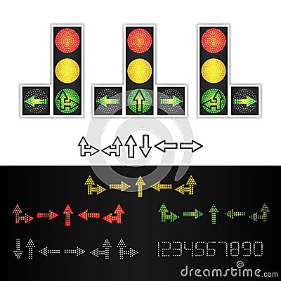 Road Traffic Light Vector. Realistic LED Panel. Sequence Lights Red, Yellow, Green. Time, Turn, Go, Wait, Stop Signals Vector Illustration