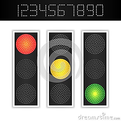 Road Traffic Light Vector. Realistic LED Panel With Time. Sequence Lights Red, Yellow, Green. Go, Wait, Stop Signals Vector Illustration