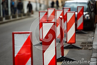 Road traffic works safety pole post obstacle detour sign barrier Stock Photo