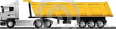 Road train with a 3-axle semi-trailer dump truck. Truck for delivering goods to a construction site. Vector Cartoon Illustration