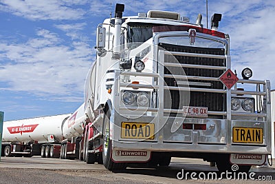 Road train driving in central Australia Outback Editorial Stock Photo