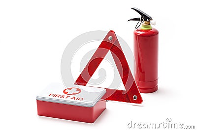 Road Triangle Fire Extinguisher And First Aid Kit Stock Photo