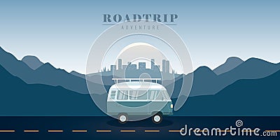road trip adventure with camper van in the blue mountains towards the city Cartoon Illustration