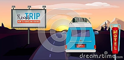 Road trip. Adventure on the road in car summer vacation urban landscape vector background Vector Illustration