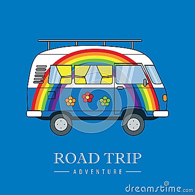 road trip adventure with hippie rainbow camper van Vector Illustration