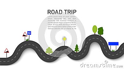 Road trip. 3D navigation and location on trip with signs and trees. Winding way map. Journey for car in highway. Travel on taxi. Stock Photo