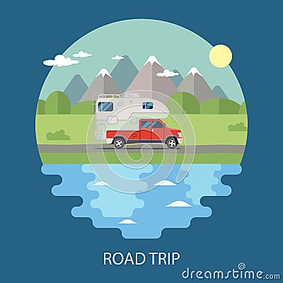 Road trip flat design. camper Vector Illustration
