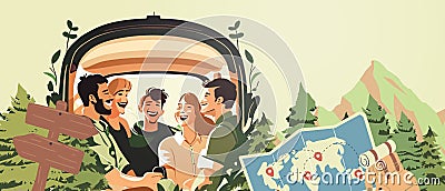 Road trip of group of close friends Smiling and laughing happily at each other during a ride on a wild holiday adventure Cartoon Illustration