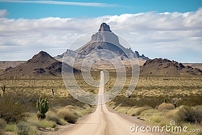 road trip through the heart of the american desert, with towering buttes and mesas in the background Stock Photo