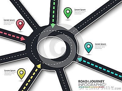 Road trip and Journey route infographic template with pin pointer Vector Illustration