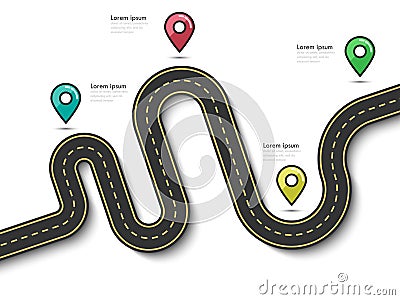 Road trip and Journey route infographic template with pin pointer Vector Illustration