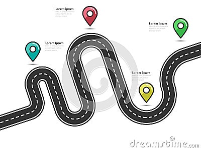 Road trip and Journey route infographic template with pin pointer Vector Illustration