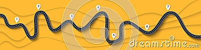 Road trip and Journey route. Winding Road on a Colorful Background with pin pointer Vector Illustration